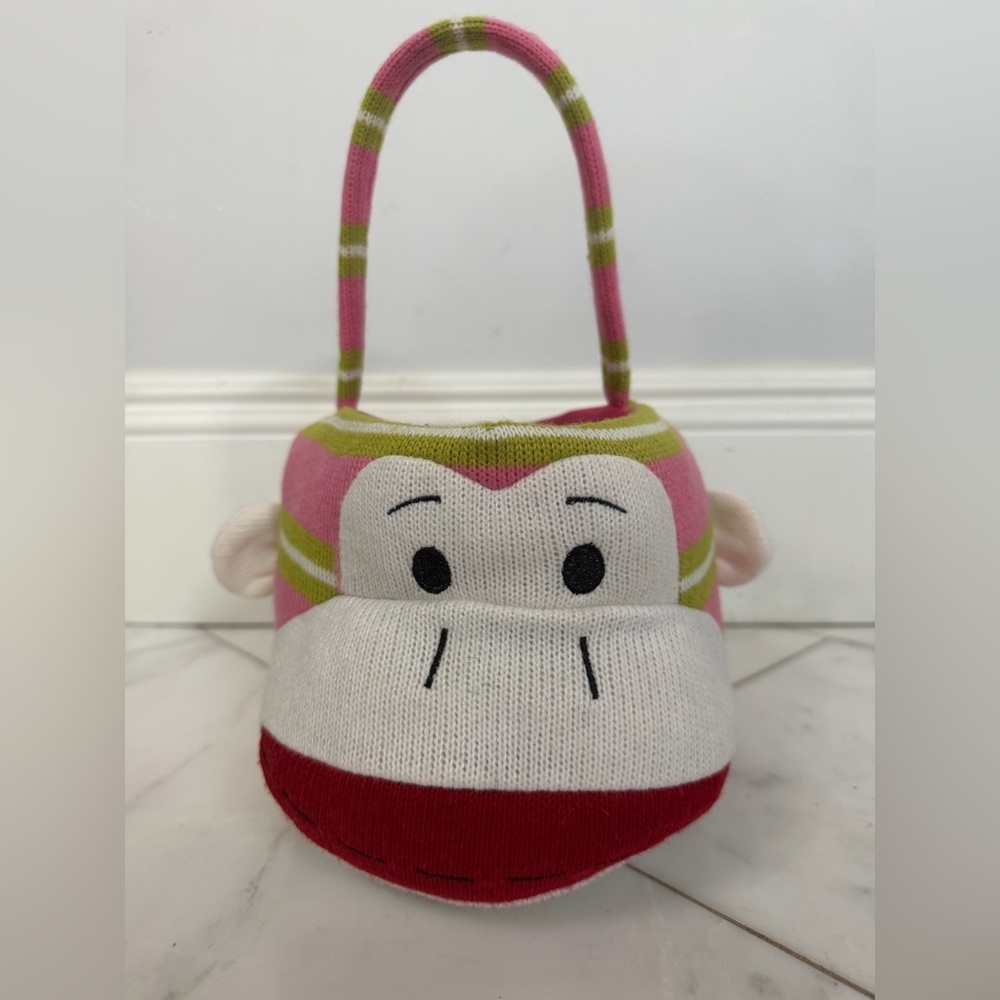 Sock Monkey Pink and Green Knit Easter Basket